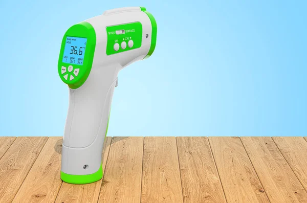 Digital Non-contact IR Infrared Thermometer on the wooden planks, 3D rendering