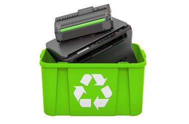 Recycling trashcan with printer laser, 3D rendering isolated on white background