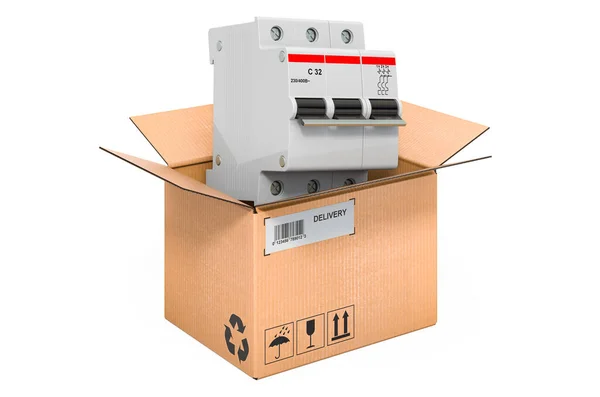 Three Pole Miniature Circuit Breaker Cardboard Box Delivery Concept Rendering — Foto de Stock