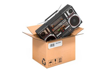 Boombox inside cardboard box, delivery concept. 3D rendering isolated on white background clipart
