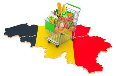 Belçika konseptinde satın alma gücü. Belçika haritalı alışveriş arabası, beyaz arkaplanda 3 boyutlu görüntüleme