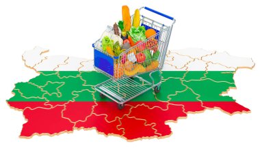 Bulgaristan konseptinde satın alma gücü. Bulgar haritalı alışveriş arabası, beyaz arkaplanda 3D görüntüleme