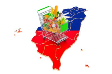 Tayvan konseptinde güç satın almak. Tayland haritalı alışveriş arabası, beyaz arkaplanda 3 boyutlu görüntüleme