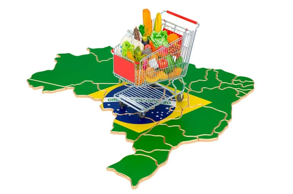 ブラジルのコンセプトで購買力 ブラジル地図付きショッピングカート 白い背景に隔離された3Dレンダリング — ストック写真