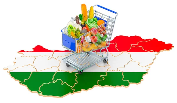 匈牙利的购买力概念 带有匈牙利地图的购物车 3D渲染隔离在白色背景下 — 图库照片