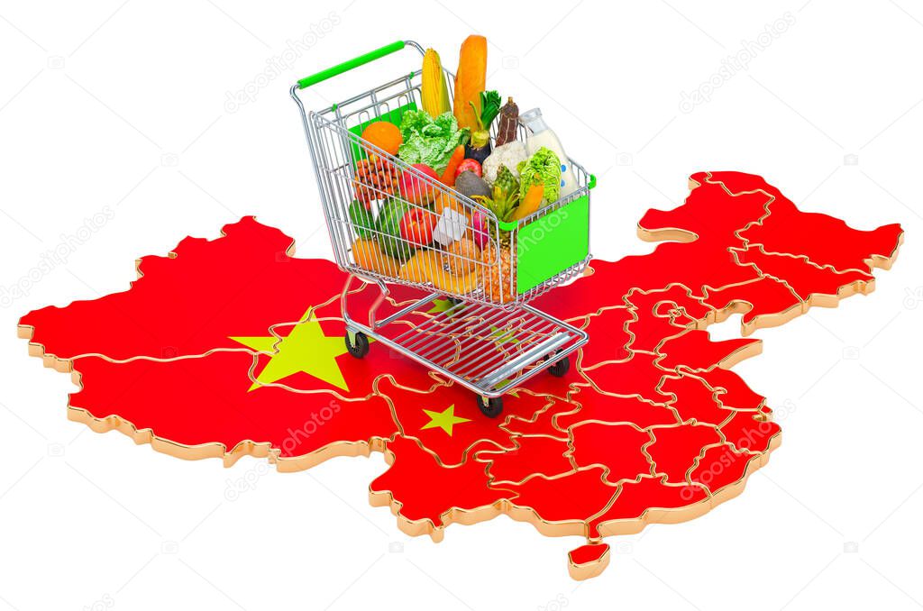 Purchasing power in China concept. Shopping cart with Chinese map, 3D rendering isolated on white background