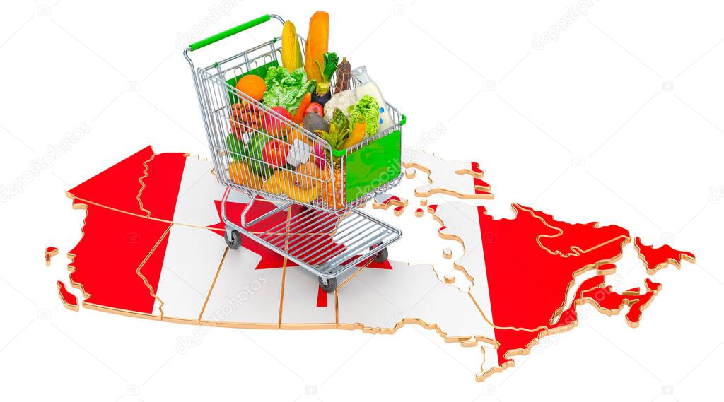Purchasing power in Canada concept. Shopping cart with Canadian map, 3D rendering isolated on white background