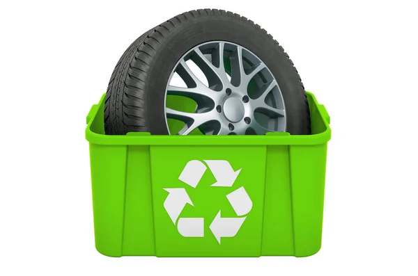 車の車輪でゴミ箱をリサイクルし 白い背景に隔離された3Dレンダリング — ストック写真