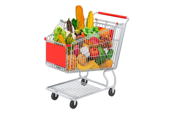 Shopping trolley with grocery products, fruits and vegetables. 3D rendering isolated on white background