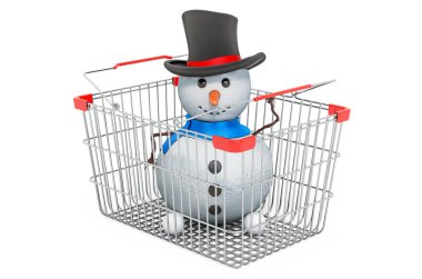 Kardan adamla alışveriş sepeti. Noel alışverişi konsepti. Beyaz arkaplanda 3B görüntüleme izole edildi