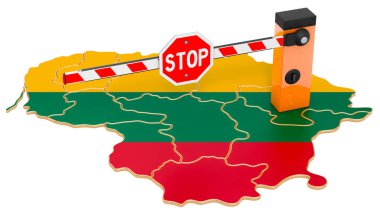 Litvanya 'da sınır kapanıyor. Gümrük ve sınır koruma kavramı. Beyaz arkaplanda 3B görüntüleme izole edildi