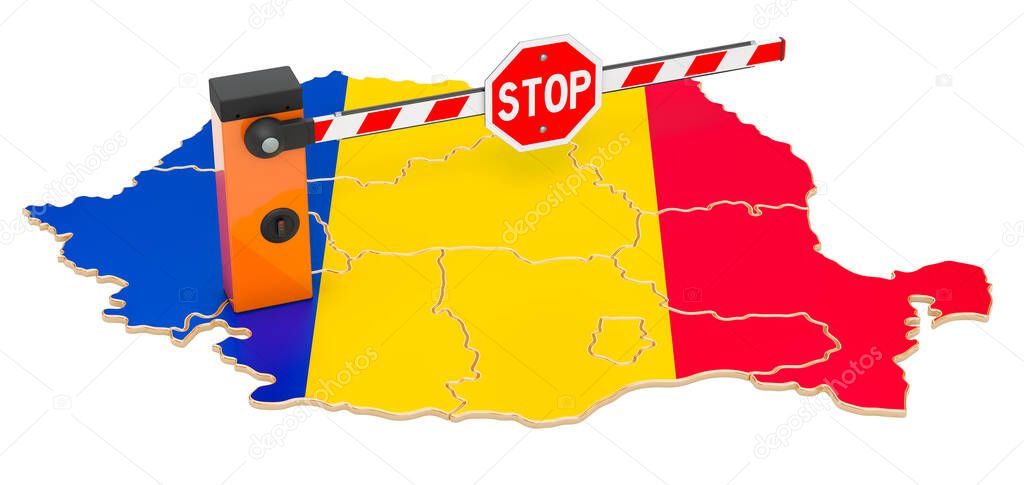 Border close in Romania. Customs and border protection concept. 3D rendering isolated on white background