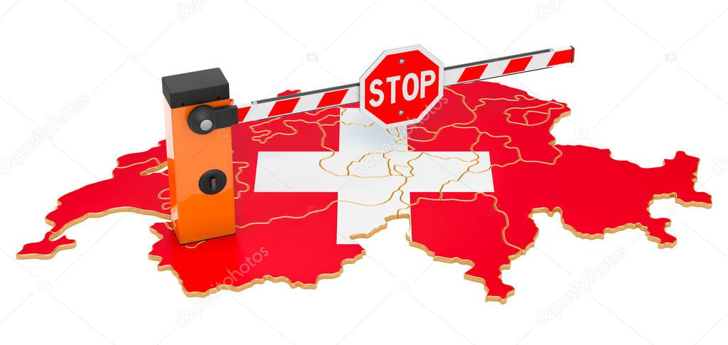 Border close in Switzerland. Customs and border protection concept. 3D rendering isolated on white background
