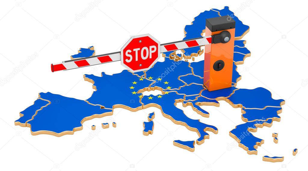Border close in the European Union. Customs and border protection concept. 3D rendering isolated on white background