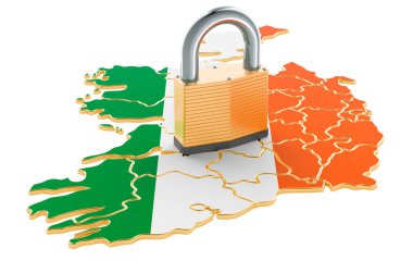 İrlanda 'da kilit altında. Haritalı asma kilit, sınır koruma kavramı. Beyaz arkaplanda 3B görüntüleme izole edildi