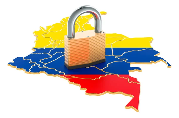 コロンビアの封鎖だ 南京錠地図 国境保護の概念 白い背景に隔離された3Dレンダリング — ストック写真
