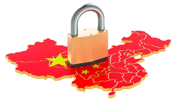 Lockdown China Padlock Map Border Protection Concept Rendering Isolated White — Stock Photo, Image