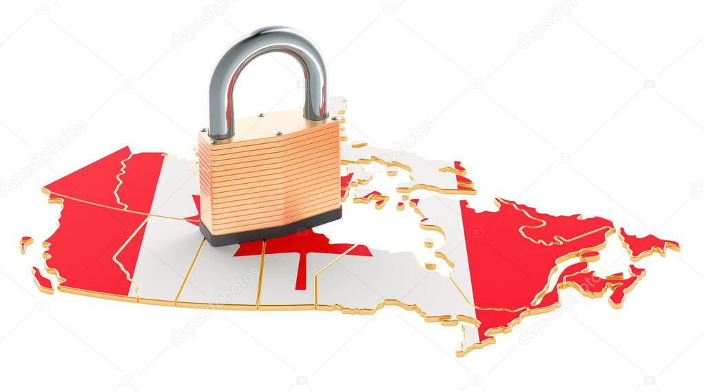 Lockdown in Canada. Padlock with map, border protection concept. 3D rendering isolated on white background