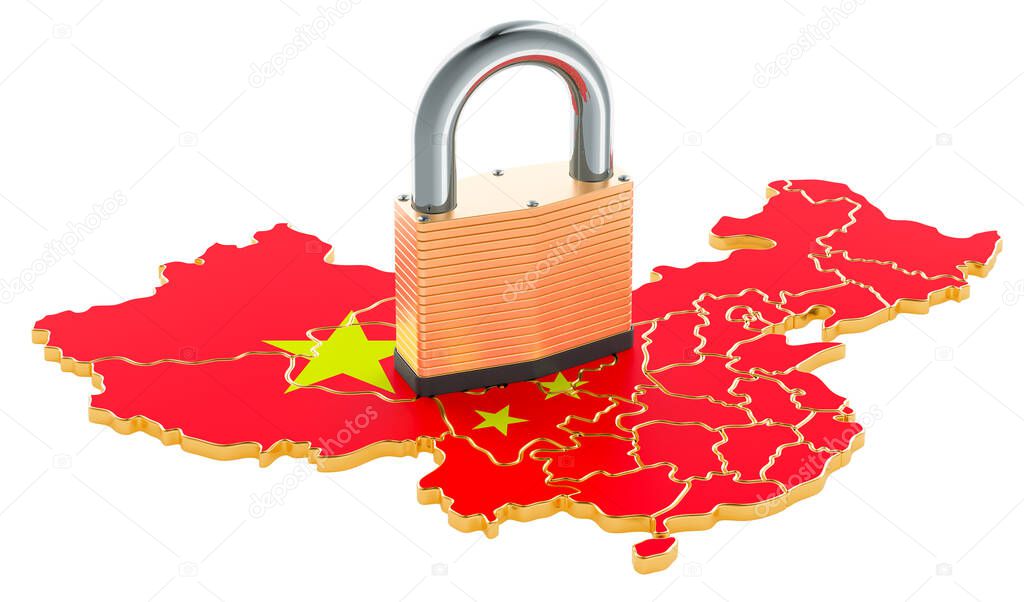 Lockdown in China. Padlock with map, border protection concept. 3D rendering isolated on white background
