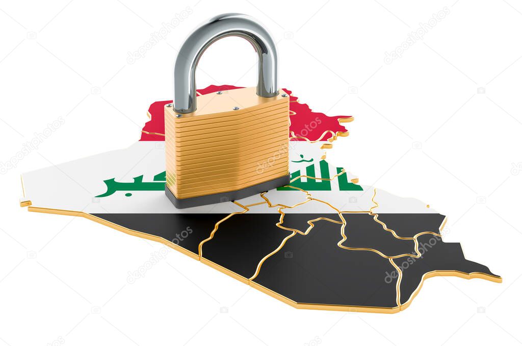 Lockdown in Iraq. Padlock with map, border protection concept. 3D rendering isolated on white background