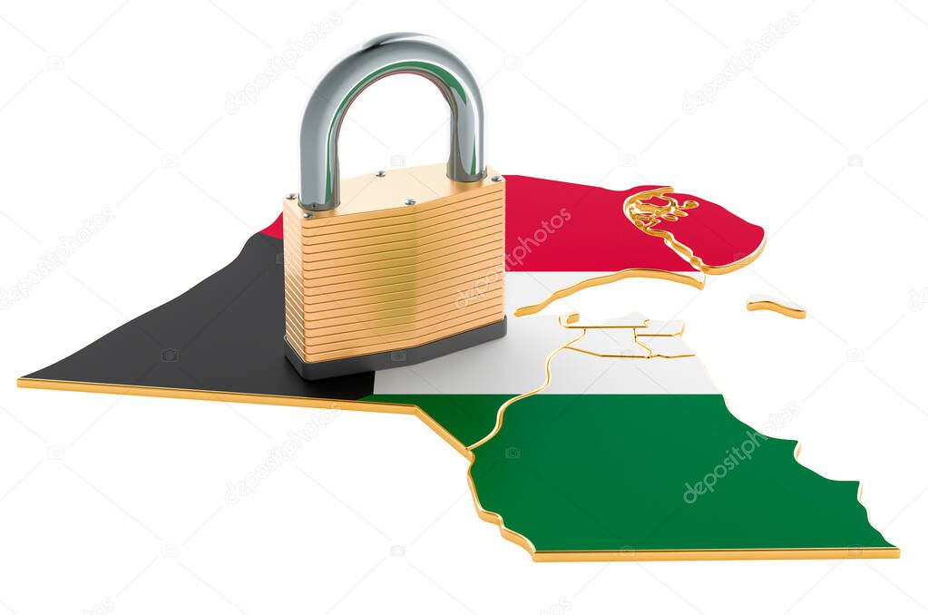 Lockdown in Kuwait. Padlock with map, border protection concept. 3D rendering isolated on white background