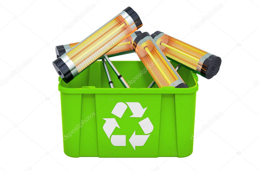 Recycling trashcan with halogen or infrared heaters, 3D rendering isolated on white background