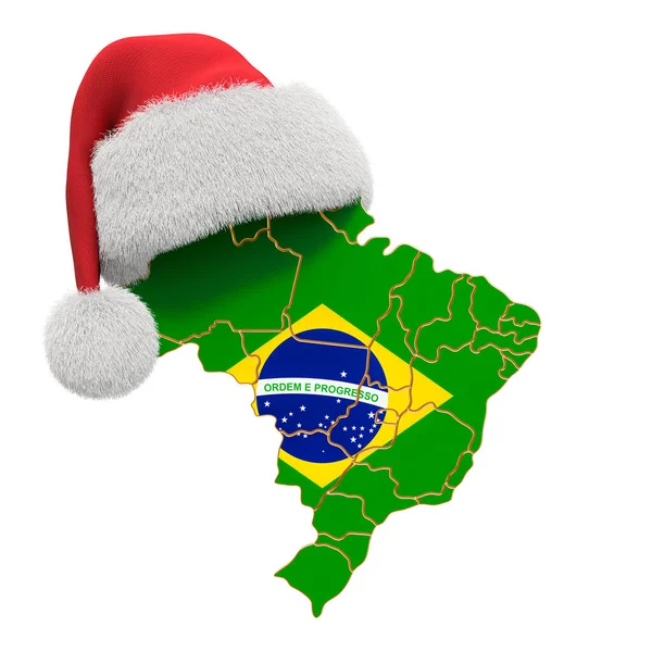 Kırmızı Noel Baba Şapkalı Brezilya Haritası Yeni Yıl Noel Tatili — Stok fotoğraf