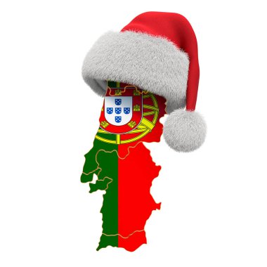 Kırmızı Noel Baba şapkalı Portekiz haritası. Yeni yıl ve Noel tatili konsepti, beyaz arkaplanda 3 boyutlu görüntüleme