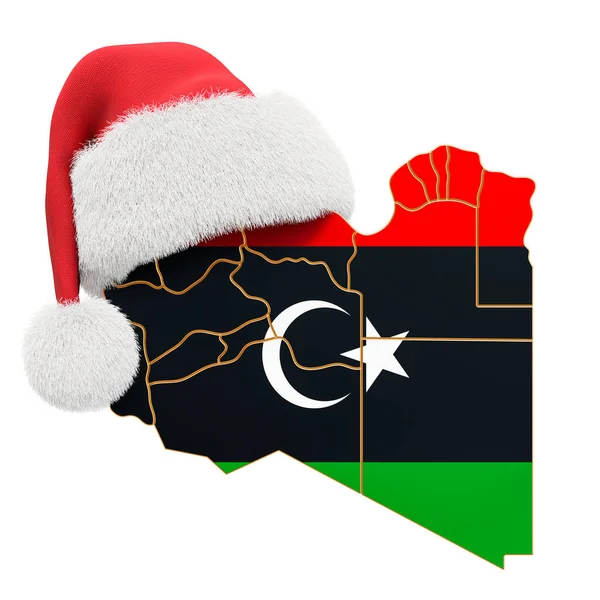 赤いサンタの帽子でリビアの地図 新年とクリスマスの休暇のコンセプトは 白い背景に隔離された3Dレンダリング — ストック写真