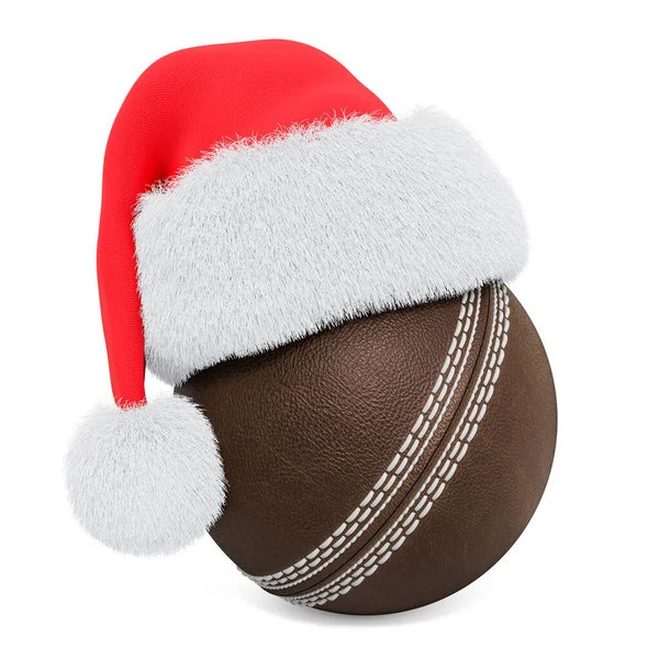 Kriketový Míč Santa Clausem Červeným Vánočním Kloboukem Vykreslování Izolované Bílém — Stock fotografie