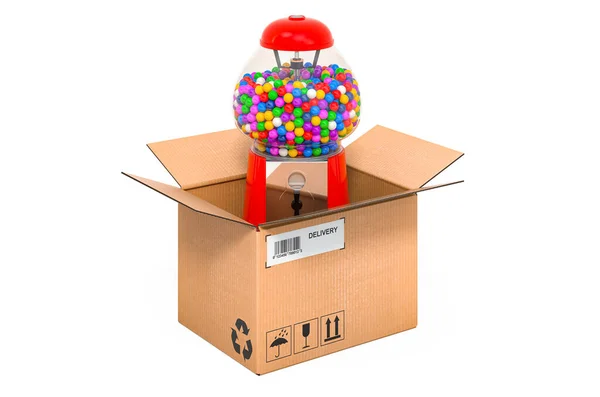 纸板箱内的胶球机 送货概念 在白色背景上孤立的3D渲染 — 图库照片
