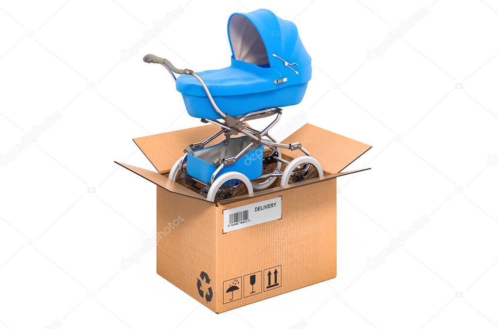 Baby stroller inside cardboard box, delivery concept. 3D rendering isolated on white background