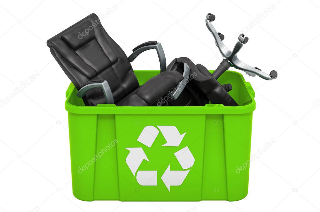 Recycling trashcan with office chairs, 3D rendering isolated on white background