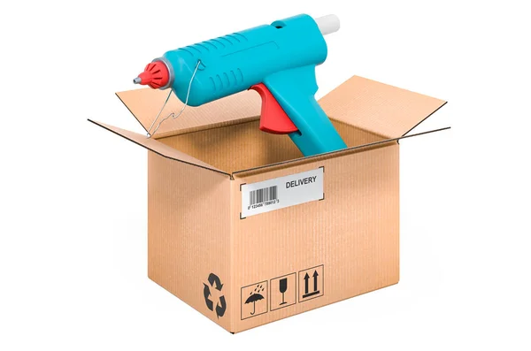 Pistola Pegamento Dentro Caja Cartón Concepto Entrega Representación Aislada Sobre — Foto de Stock