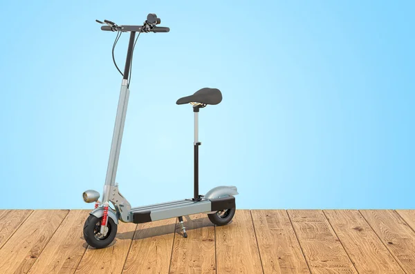 Motorized Scooter Electric Rechargeable Scooter Wooden Planks Rendering — Stock Photo, Image