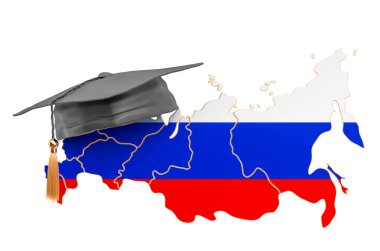 Rusya 'da eğitim kavramı. Yüksek lisans şapkalı Rus haritası, 3 boyutlu görüntüleme beyaz arkaplanda izole edildi