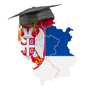 Sırbistan 'da eğitim kavramı. Yüksek lisans şapkalı Sırp haritası ve üç boyutlu görüntüleme beyaz arkaplanda izole edildi