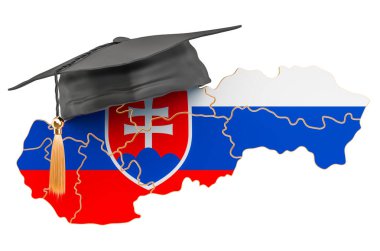 Slovakya konsepti eğitimi. Mezuniyet şapkası olan Slovakya haritası, beyaz arkaplanda 3 boyutlu görüntüleme