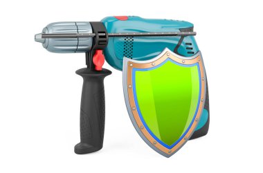 Kalkanlı elektrikli matkap, beyaz arkaplanda 3 boyutlu görüntüleme