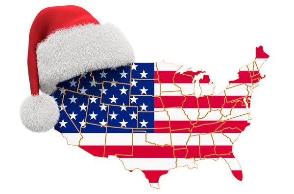 Die Landkarte Der Vereinigten Staaten Mit Rotem Weihnachtsmann Neujahrs Und — Stockfoto