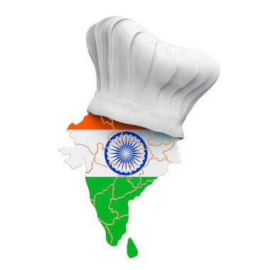 Hint ulusal mutfağı kavramı. Hindistan haritalı şef şapkası. Beyaz arkaplanda 3B görüntüleme izole edildi