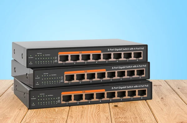 Poorts Gigabit Ethernet Schakelaars Houten Planken Rendering — Stockfoto