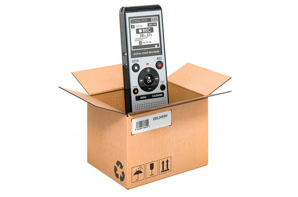 Digital Voice Recorder Cardboard Box Delivery Concept Rendering Isolated White — Stock Photo, Image