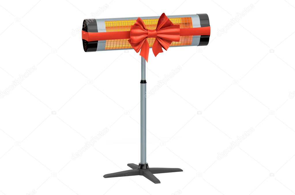 Halogen infrared heater with ribbon and bow, gift concept. 3D rendering isolated on white background