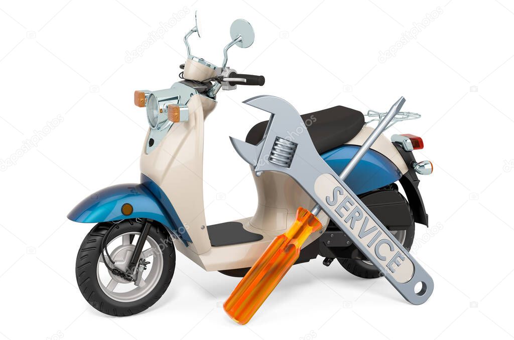 Service and repair of motor scooter, 3D rendering isolated on white background