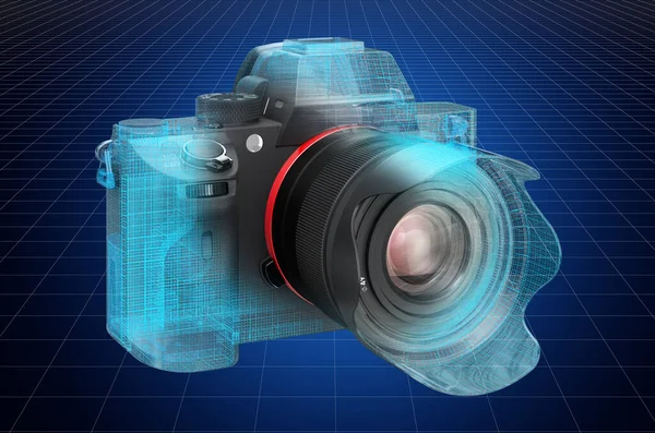 Visualization 3d cad model of digital camera, blueprint. 3D rendering