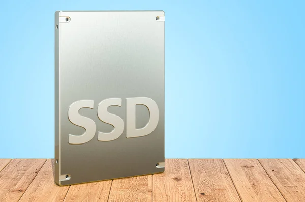 Solid state drive SSD on the wooden planks, 3D rendering