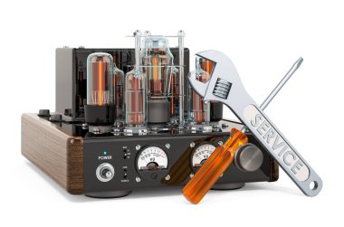 Elektronik amplifikatörün servis ve onarımı, beyaz arkaplanda 3 boyutlu görüntüleme