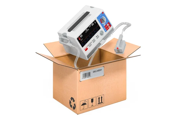 纸板箱内的自动体外除颤器 交货概念 在白色背景上孤立的3D渲染 — 图库照片