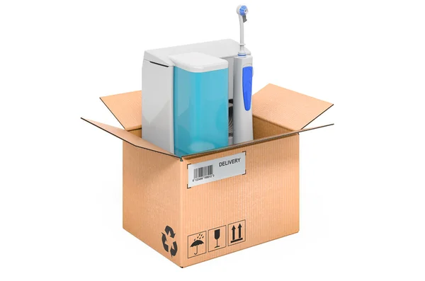 Oral Irrigator Cardboard Box Delivery Concept Rendering Isolated White Background — Stock Photo, Image